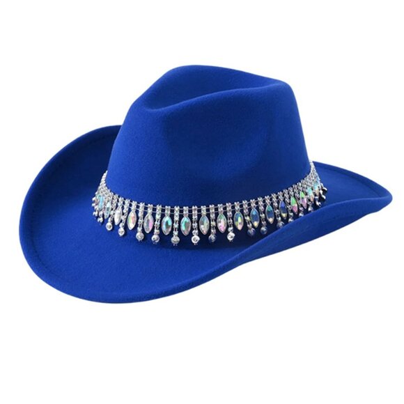 Blue Cowboy Hat Rhinestone Band Western Rodeo Country‎ Music Festival Party Cap - Picture 1 of 3